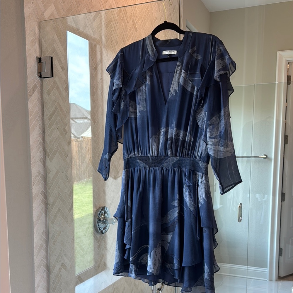 Halston Heritage Blue Ruffled V-Neck Sundress
